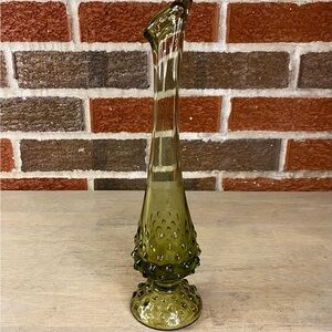 Fenton Hobnail Swung Glass Bud Vase 10" Avocado Green Vintage